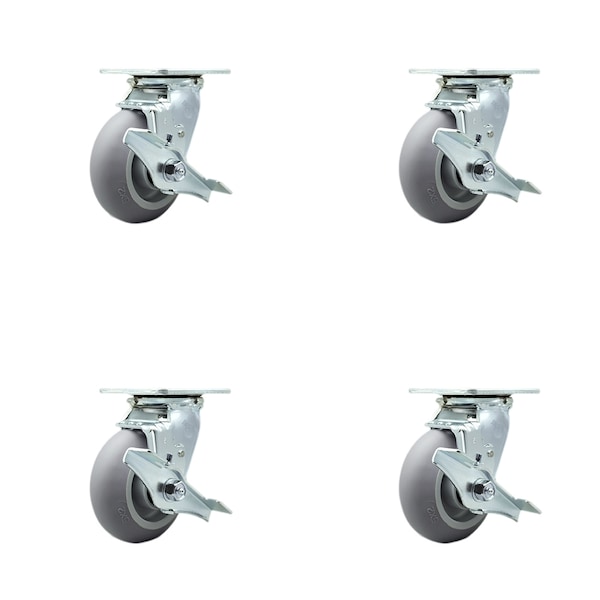 5 Inch Thermoplastic Rubber Swivel Caster Set with Ball Bearings and Brakes SCC